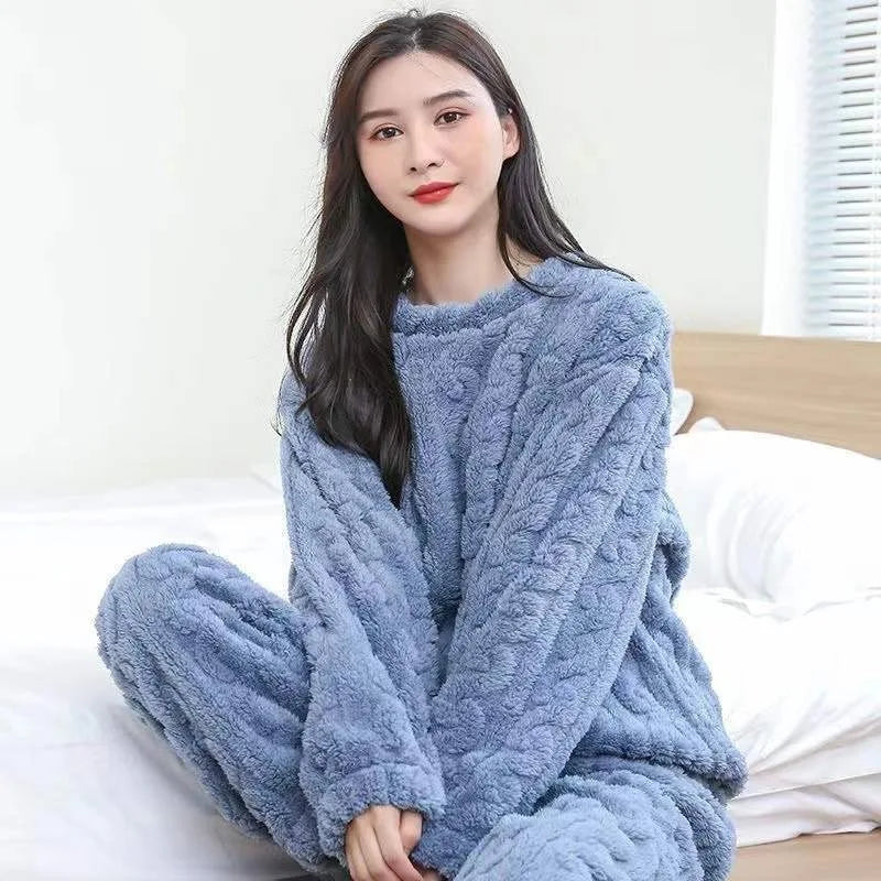 Coral Velvet Pajamas for Women in Winter Plus Velvet Thickened Jacquard Long-sleeved Home Clothes Two-piece Autumn Winter Set