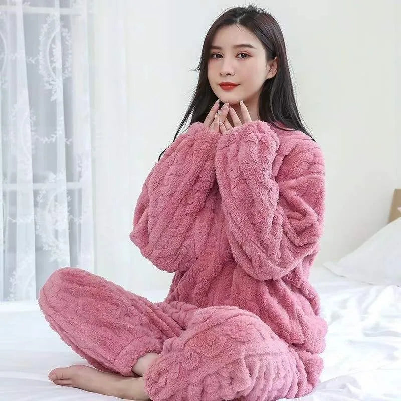 Coral Velvet Pajamas for Women in Winter Plus Velvet Thickened Jacquard Long-sleeved Home Clothes Two-piece Autumn Winter Set
