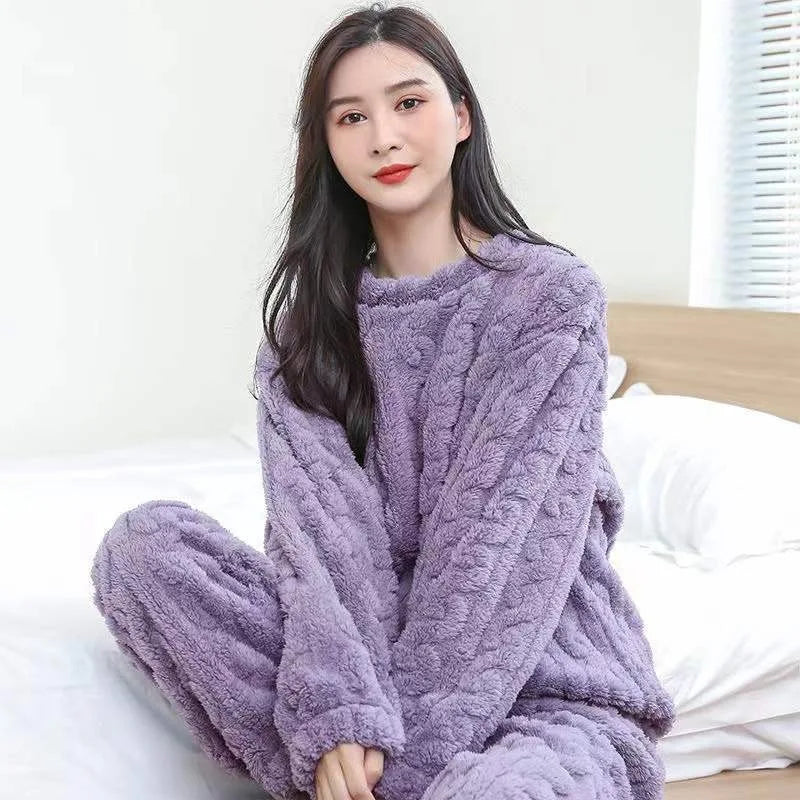 Coral Velvet Pajamas for Women in Winter Plus Velvet Thickened Jacquard Long-sleeved Home Clothes Two-piece Autumn Winter Set