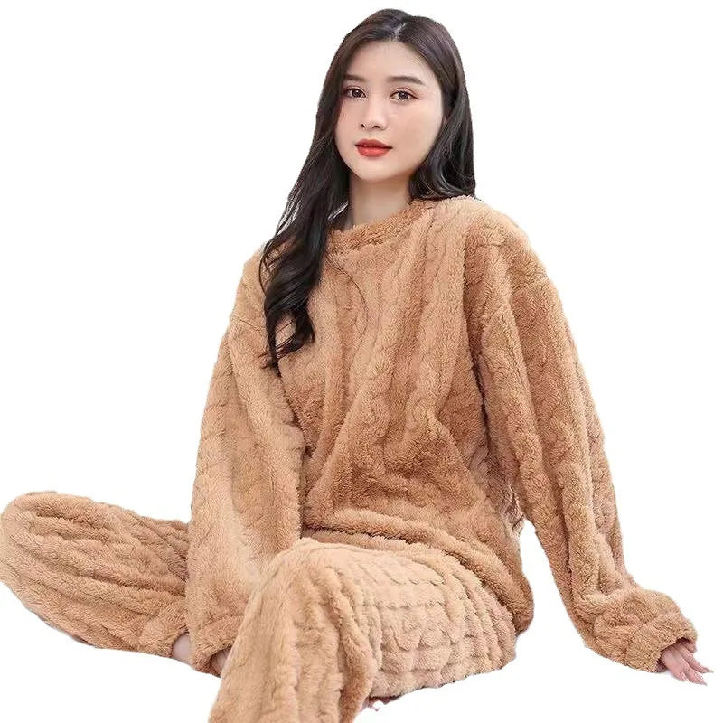 Coral Velvet Pajamas for Women in Winter Plus Velvet Thickened Jacquard Long-sleeved Home Clothes Two-piece Autumn Winter Set