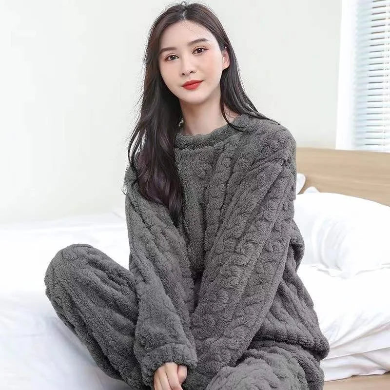 Coral Velvet Pajamas for Women in Winter Plus Velvet Thickened Jacquard Long-sleeved Home Clothes Two-piece Autumn Winter Set