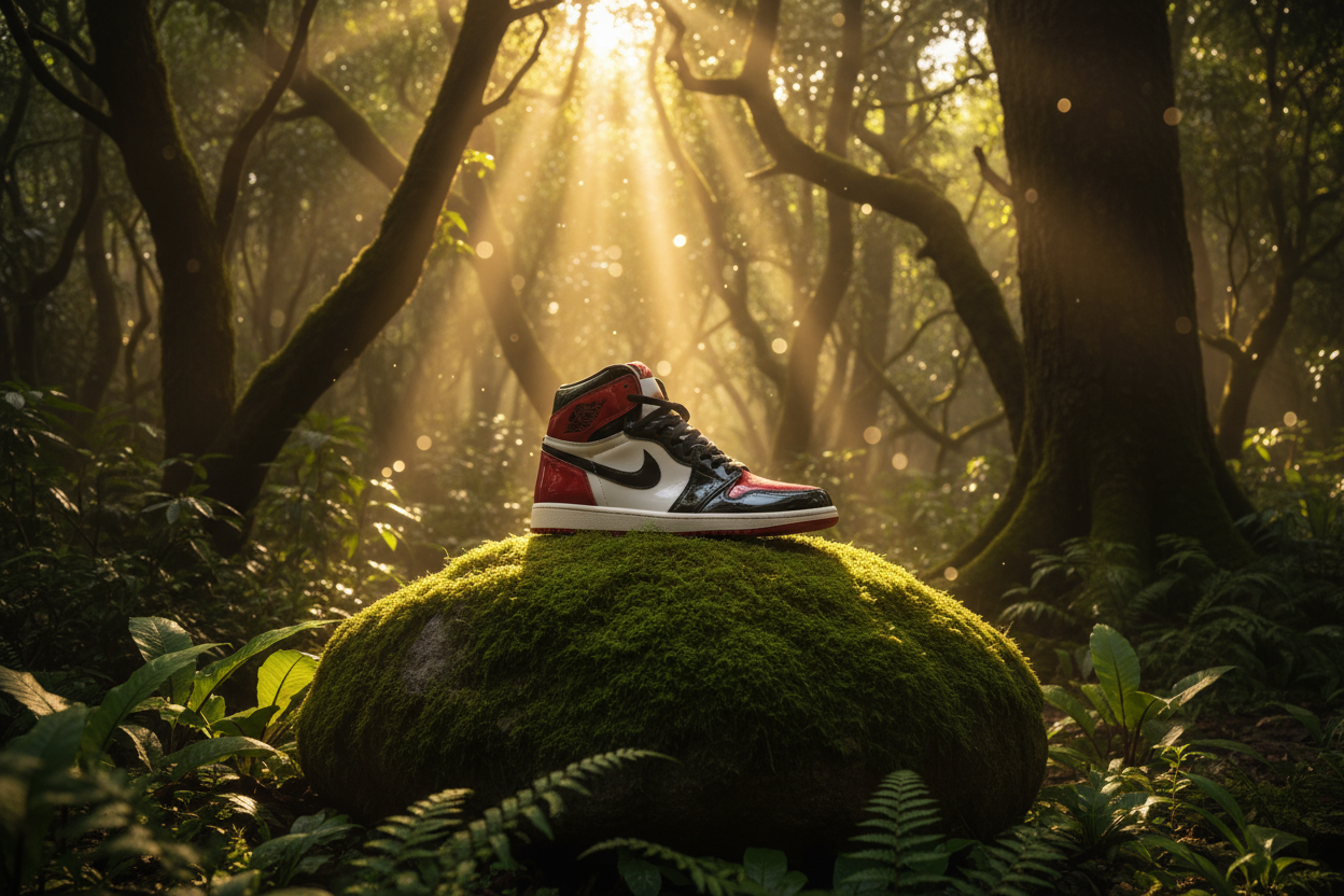 a jordan shoe shinning on a rock in the forst with the sun light shinning on it